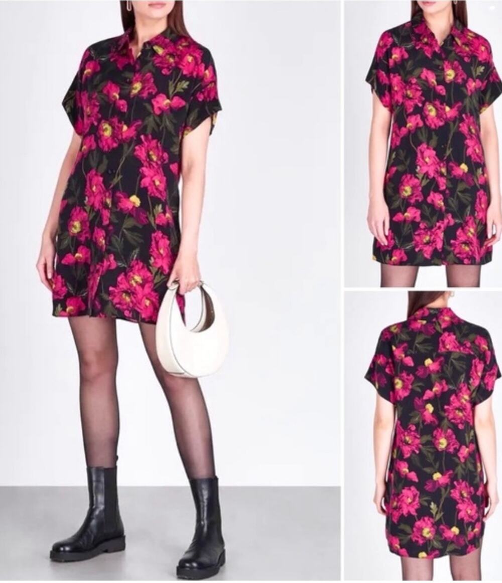 Alice + Olivia Lucette California Poppy 100% Vegan Silk Pink Shirt Dress Size XS